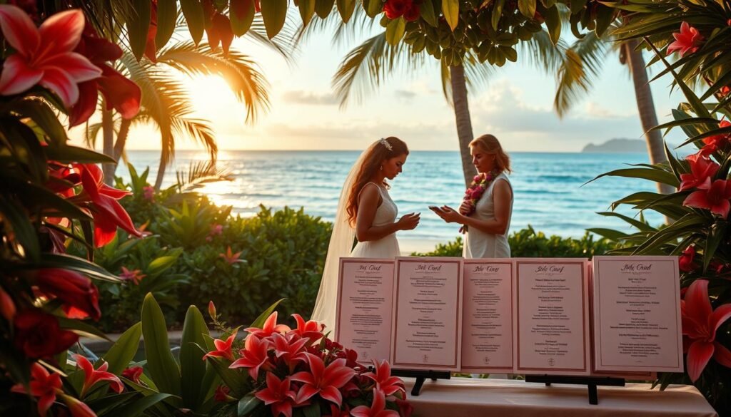 A lush tropical garden setting, with vibrant flowers and greenery framing the scene. In the foreground, a display of elegantly presented wedding packages, showcasing various service offerings - from venue selection, catering, and floristry to photography, videography, and honeymoon planning. In the middle ground, a couple exploring the packages, engaged in conversation with a wedding planner. The background features a picturesque view of a serene Hawaiian beach, with the warm glow of the setting sun casting a romantic ambiance over the entire scene. The lighting is soft and diffused, creating a dreamy, inviting atmosphere.