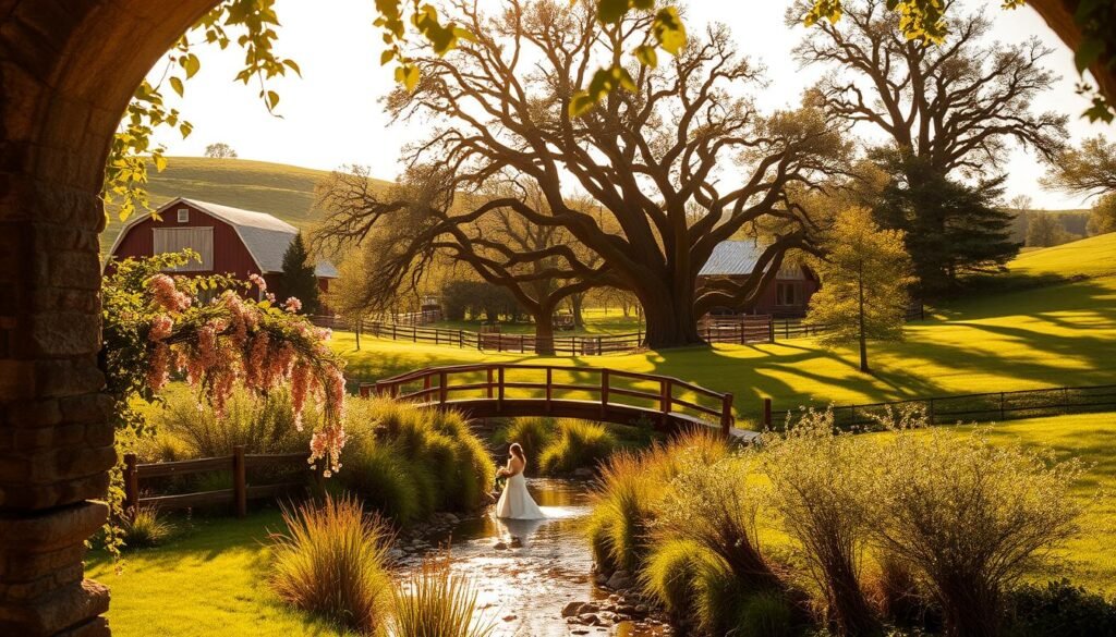 A lush, verdant Nebraska wedding venue garden, with rolling hills and a gentle creek meandering through the scene. In the foreground, an ornate stone archway is adorned with cascading vines and fragrant blooms, framing the idyllic setting. The middle ground features a picturesque wooden bridge crossing the tranquil waters, surrounded by towering oak trees casting soft, dappled shadows. In the background, a weathered barn with a tin roof stands proud, its rustic charm complementing the natural beauty of the landscape. Warm, golden sunlight filters through the trees, creating a serene, romantic atmosphere perfect for a memorable wedding celebration.