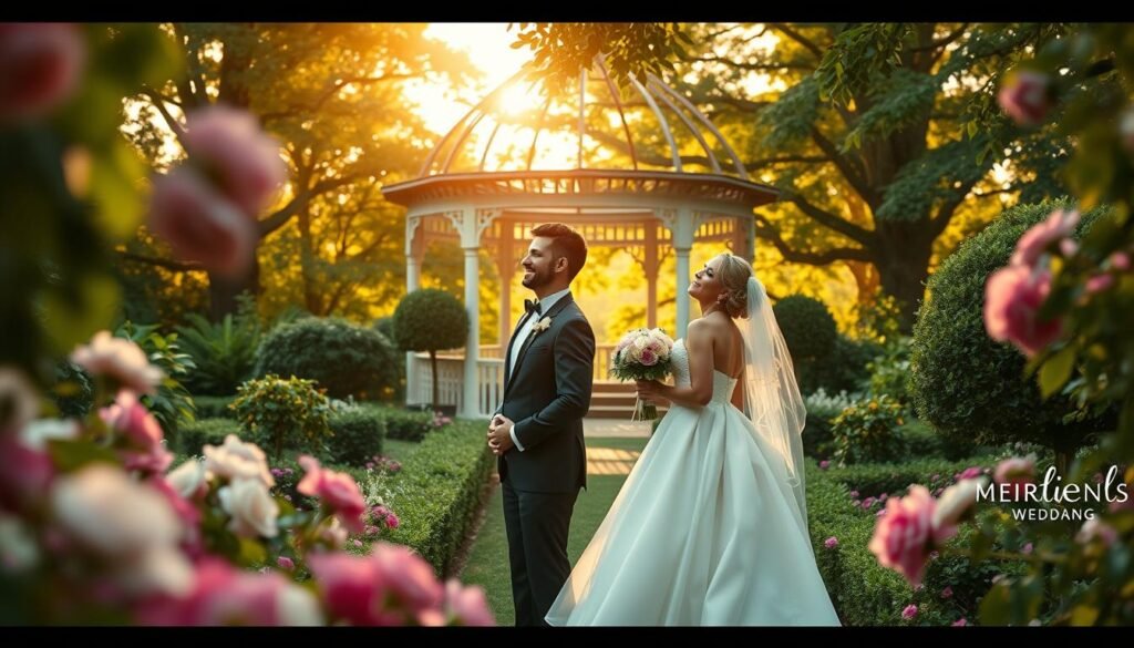 A lush, verdant garden with a picturesque gazebo at its center, the sun's golden rays filtering through the canopy of trees. In the foreground, a couple in elegant wedding attire - the bride in a flowing white gown, the groom in a sharp tuxedo - embracing as they gaze lovingly into each other's eyes. Around them, the scene is filled with vibrant blooms in shades of pink, purple, and ivory, creating a romantic, fairytale-like atmosphere. The image is captured with a shallow depth of field, drawing the viewer's focus to the couple's joyful connection. The overall mood is one of warmth, happiness, and timeless elegance - a true inspiration for couples planning their own unforgettable New Jersey wedding.