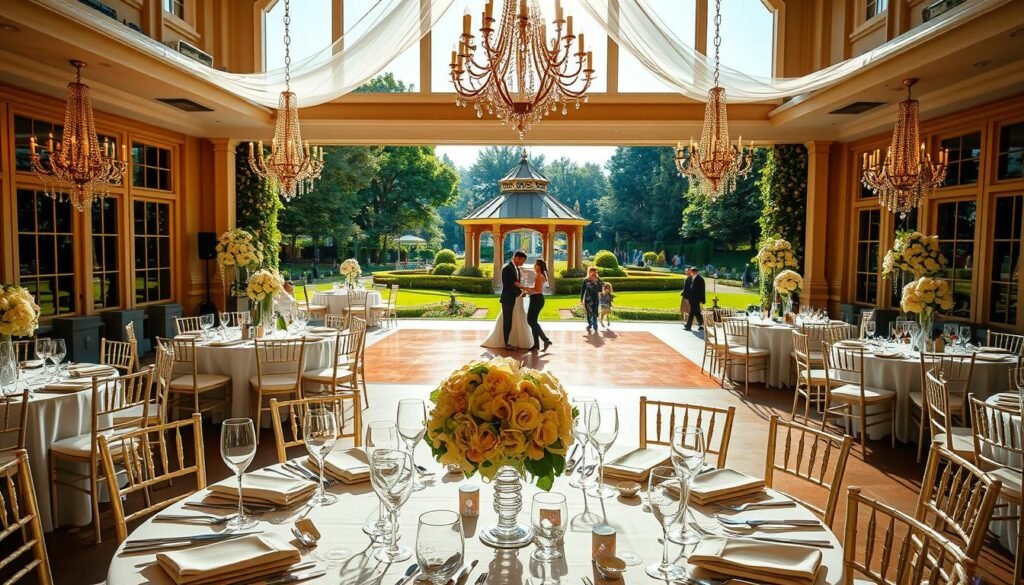 A luxurious all-inclusive wedding venue, bathed in warm afternoon sunlight streaming through large windows. In the foreground, a lavish table setting with fine bone china, sparkling crystal glassware, and elegant floral centerpieces. In the middle ground, a grand ballroom with high ceilings, ornate chandeliers, and couples mingling on a polished dance floor. In the background, a panoramic view of a lush garden with a picturesque gazebo, creating a serene and romantic atmosphere. Emphasis on the attention to detail, the seamless coordination, and the stress-free experience for the newlyweds and their guests.