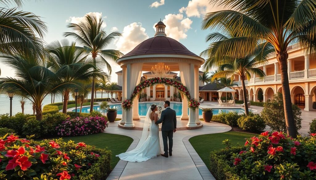 A luxurious all-inclusive wedding venue set against a serene tropical backdrop. In the foreground, an elegant gazebo adorned with lush floral arrangements serves as the ceremonial focal point. Couples stroll along a winding pathway surrounded by swaying palm trees and blooming hibiscus. In the middle ground, a grand ballroom with grand chandeliers and floor-to-ceiling windows offers a picturesque setting for the reception. The background features a shimmering azure pool, inviting guests to enjoy the warm, sun-drenched ambiance. Soft lighting, plush furnishings, and attentive service create an atmosphere of effortless sophistication, perfectly capturing the essence of a dream Florida wedding.
