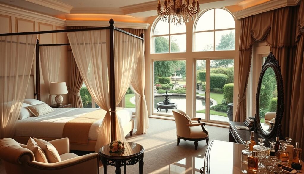 A luxurious bridal suite with a spacious and elegant interior, featuring a four-poster bed draped in sheer white curtains, plush armchairs, and a large vanity table with intricate glass perfume bottles and makeup products. The room is bathed in soft, warm lighting, creating a cozy and intimate atmosphere. The suite overlooks a beautifully landscaped garden, with lush greenery and a tranquil water feature visible through the large, floor-to-ceiling windows. The overall impression is one of refined sophistication and attention to detail, setting the stage for the bride's pre-wedding preparations.