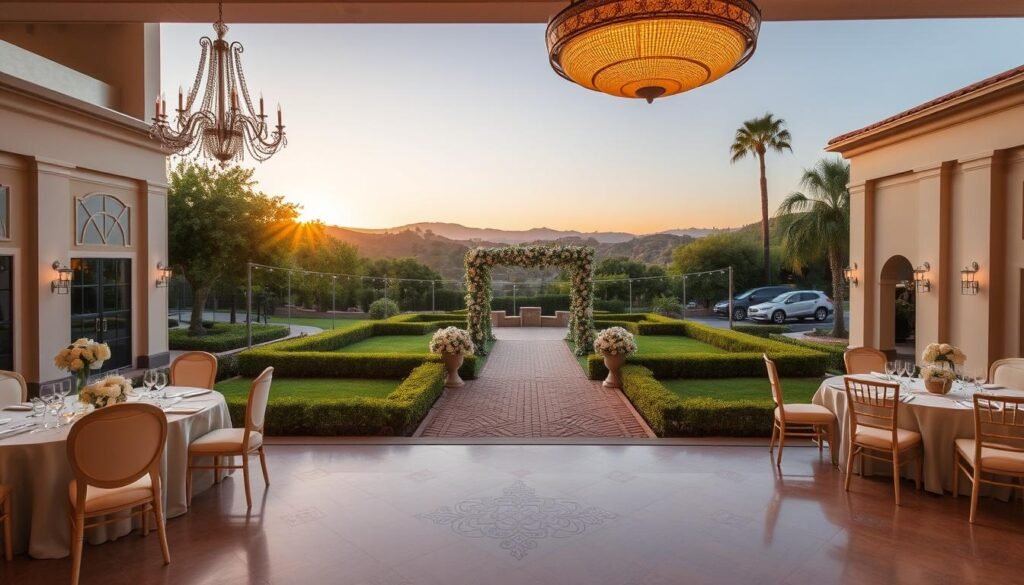 A luxurious wedding venue set against the backdrop of a picturesque California landscape. In the foreground, an elegant ballroom with high ceilings, ornate chandeliers, and plush seating arrangements. In the middle ground, a beautifully manicured garden with a cobblestone pathway leading to an outdoor ceremony space, complete with an archway draped in lush greenery. The background showcases the venue's ample parking and easy access for guests, as well as scenic views of rolling hills and a stunning sunset. The overall atmosphere is one of opulence, sophistication, and seamless event logistics, perfectly suited for a memorable California wedding celebration.