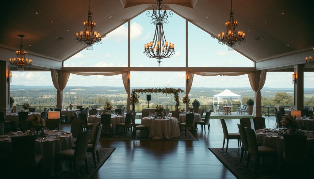 A luxurious, well-appointed wedding venue nestled in the heart of Mississippi's idyllic countryside. Sweeping vistas of rolling hills and lush greenery frame the picturesque scene. The grand, elegant entrance leads to a spacious ballroom bathed in warm, soft lighting, its high ceilings and ornate chandeliers creating an atmosphere of refined sophistication. Plush seating, polished hardwood floors, and tasteful decor elements seamlessly blend to offer ample space and amenities for your special day. In the background, a charming outdoor terrace provides a tranquil setting for cocktails and mingling, with panoramic views that will leave your guests in awe.