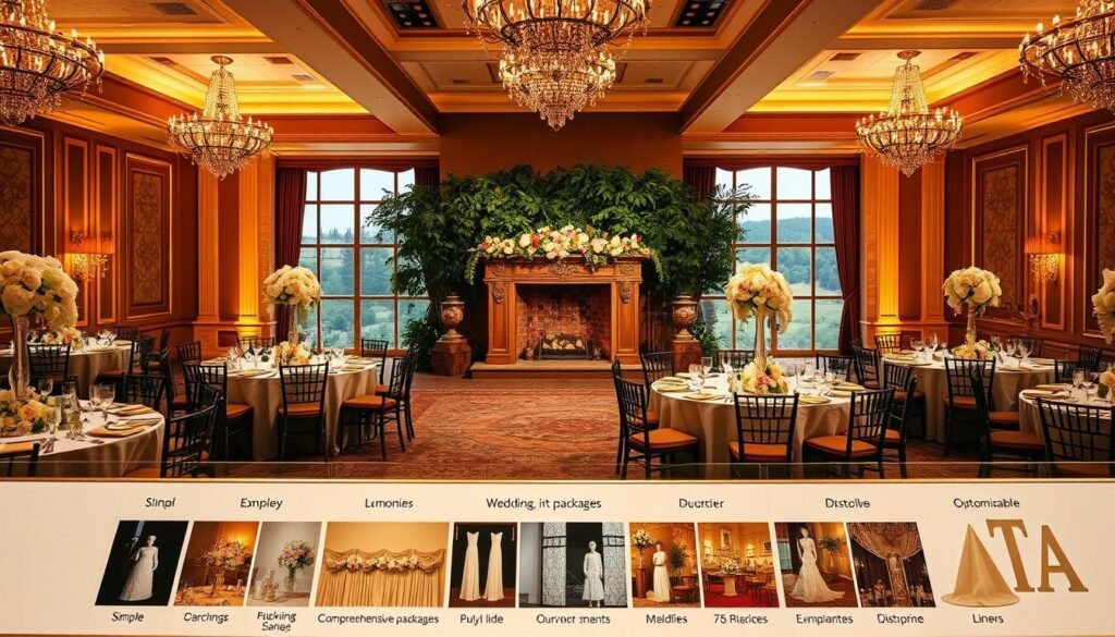 A luxuriously decorated wedding reception hall, bathed in warm, inviting lighting. Elaborate centerpieces adorn the elegantly set tables, with cascading florals and gleaming candelabras. In the foreground, a display showcases a range of comprehensive wedding packages, from simple to extravagant, with samples of décor, linens, and other customizable elements. The middle ground features a large, ornate fireplace mantel, flanked by lush, verdant foliage. The background reveals panoramic windows overlooking a picturesque outdoor landscape, hinting at the versatility of the venue. A sense of grandeur and attention to detail permeates the scene, conveying the essence of a comprehensive wedding experience.
