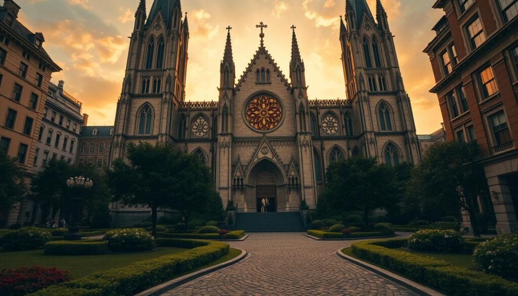 A majestic cathedral towers over the bustling uptown streets, its gothic spires reaching skyward against a golden sunset. The grand facade is adorned with intricate carvings and stained glass windows that cast a warm, ethereal glow. Cobblestone paths wind through a lush garden surrounding the cathedral, leading visitors towards the ornate main entrance. Soft, directional lighting highlights the cathedral's imposing architecture, creating dramatic shadows and highlights that evoke a sense of timeless elegance. The scene exudes a timeless, regal atmosphere befitting a historic wedding venue steeped in tradition and grandeur. A majestic cathedral towers over the bustling uptown streets, its gothic spires reaching skyward against a golden sunset. The grand facade is adorned with intricate carvings and stained glass windows that cast a warm, ethereal glow. Cobblestone paths wind through a lush garden surrounding the cathedral, leading visitors towards the ornate main entrance. Soft, directional lighting highlights the cathedral's imposing architecture, creating dramatic shadows and highlights that evoke a sense of timeless elegance. The scene exudes a timeless, regal atmosphere befitting a historic wedding venue steeped in tradition and grandeur.