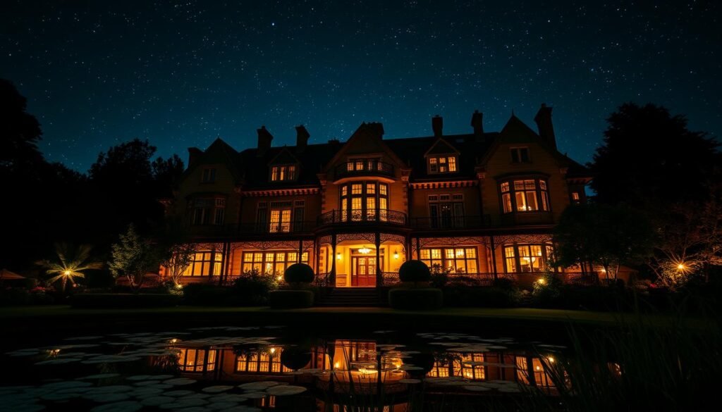 A majestic historic crescent hotel, its grand Victorian architecture silhouetted against a starry night sky. Lush gardens and a tranquil pond in the foreground, reflected in the still waters. Warm lighting from the hotel's windows casts a cozy glow, inviting guests to a timeless wedding celebration. A medium-wide angle lens captures the enchanting scene, with a shallow depth of field that focuses the viewer's attention on the hotel's elegant facade. A moody, romantic atmosphere pervades the image, hinting at the venue's storied past and promising an unforgettable wedding experience.