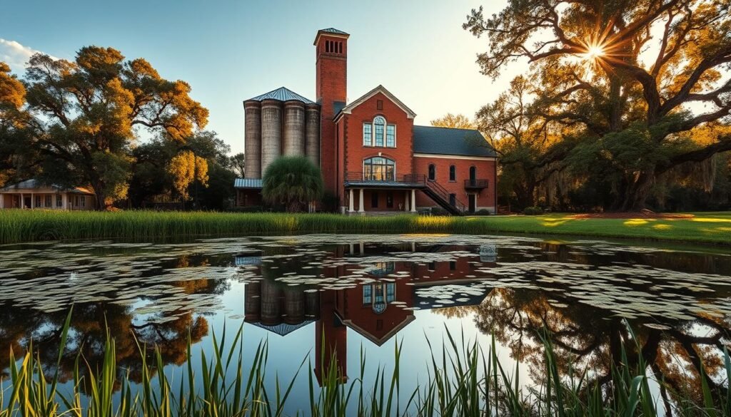 A majestic historic rice mill stands tall against a picturesque southern landscape. The mill's weathered exterior exudes a timeless charm, its red brick facade and towering silos reflecting the rich heritage of the region. Sunlight filters through the large windows, casting a warm, golden glow over the scene. In the foreground, a serene pond reflects the mill's image, creating a captivating mirror-like effect. Lush greenery and towering oak trees frame the mill, adding depth and a sense of tranquility to the composition. The overall atmosphere evokes a feeling of reverence and appreciation for the enduring legacy of this architectural gem.