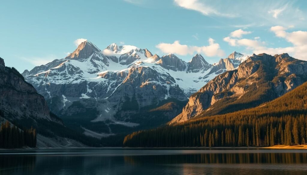 A majestic mountain range rises against a clear, azure sky, its snow-capped peaks glistening in the warm, golden sunlight. In the foreground, a serene alpine lake reflects the towering cliffs and lush, evergreen forests that surround it. The scene exudes a sense of tranquility and grandeur, with wispy clouds drifting lazily above. The perspective is slightly elevated, offering a breathtaking panoramic view that captures the dramatic, awe-inspiring beauty of this picturesque mountain landscape. This idyllic setting would make for a truly breathtaking and unforgettable wedding venue in the stunning Northwest region.
