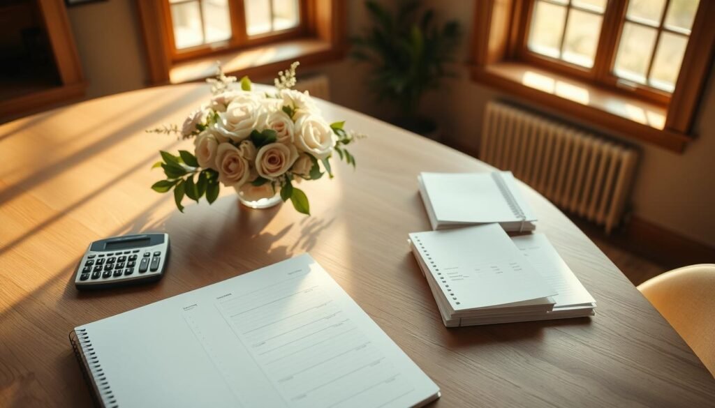 A meticulously crafted overhead shot of a wedding planning desk, illuminated by warm golden light filtering through large windows. The foreground features a sleek, minimalist planner, a calculator, and a carefully organized stack of budgeting documents. The middle ground showcases an elegant floral centerpiece, complementing the natural wood tones of the desk. In the background, a muted color palette of soft pastels and natural textures creates a serene, calming atmosphere, evoking the essence of a South Dakota wedding. The overall composition conveys a sense of thoughtful preparation and strategic planning for the perfect wedding celebration.