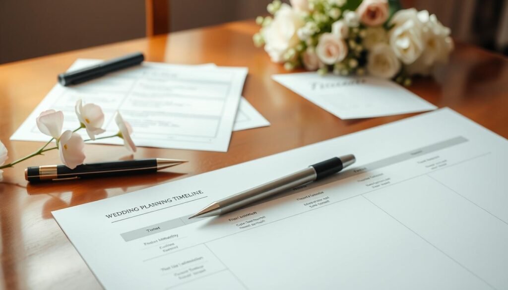A neatly organized wedding planning timeline laid out on a polished wooden table, with a bouquet of soft pastel flowers, a calligraphy pen, and a meticulously crafted wedding invitation peeking out from the corner. The lighting is warm and inviting, casting a gentle glow across the scene. The timeline is presented in a clean, minimal design, with key milestones and deadlines clearly marked. The overall atmosphere evokes a sense of careful preparation and attention to detail, perfectly capturing the essence of planning an unforgettable wedding day.