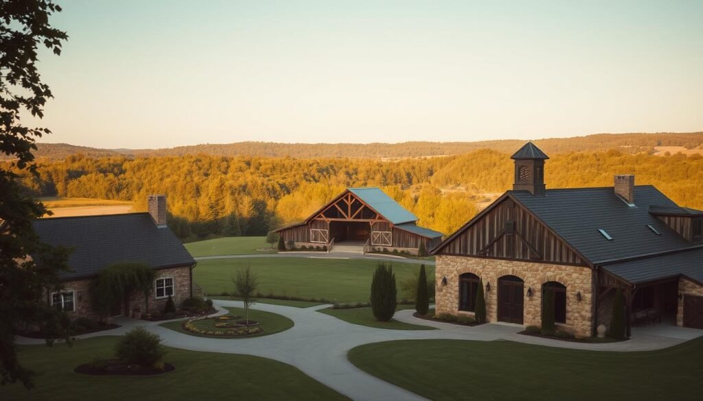 A peaceful countryside scene of a rustic barn wedding venue, surrounded by a lush, verdant landscape. In the foreground, a picturesque stone farmhouse or country estate, its charming architecture and well-manicured gardens inviting guests. In the middle ground, a spacious, weathered barn with wooden beams and a charming cupola, set amidst rolling hills and fields. In the background, a backdrop of verdant forests or rolling hills, bathed in warm, golden afternoon sunlight. The overall mood is one of tranquility, natural beauty, and the timeless elegance of a countryside wedding.