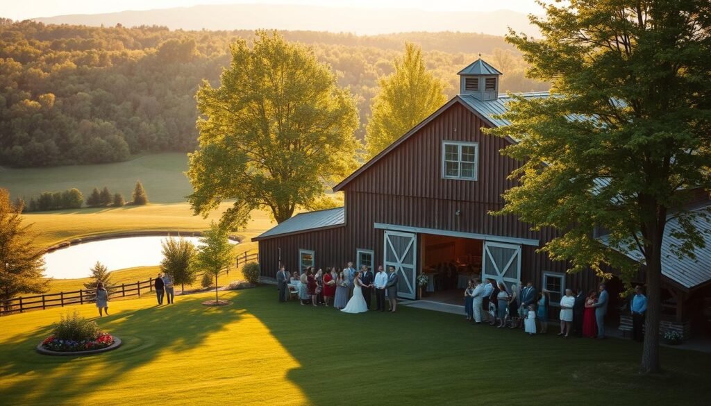 A picturesque Maine barn wedding venue nestled amidst rolling hills and lush greenery. In the foreground, a rustic wooden barn with weathered siding and a charming cupola. Guests gather on the spacious lawn, wandering among the flourishing flower beds and towering maple trees. The warm, golden light of the afternoon sun streams through the open barn doors, casting a soft glow over the scene. In the background, a serene pond reflects the surrounding landscape, complementing the tranquil, pastoral atmosphere. The venue exudes a perfect blend of historic charm and modern comfort, creating an idyllic setting for a enchanting Maine barn wedding.