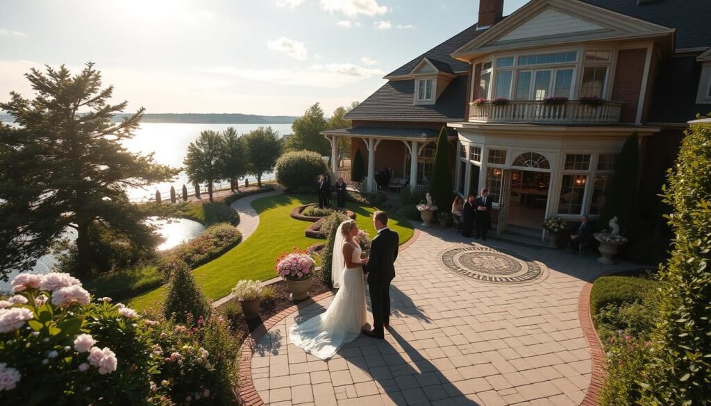A picturesque Maryland mansion nestled along the serene waterfront, surrounded by lush greenery and blooming flowers. Sunlight filters through large windows, casting a warm, romantic glow over the grand foyer and elegant ballroom. Couples exchange vows on an ornate stone patio overlooking the glistening Chesapeake Bay. Guests mingle and dine in the charming garden terrace, where string lights twinkle above a view of the historic property. Timeless architecture, impeccable landscaping, and breathtaking natural scenery create the perfect setting for a memorable Maryland wedding.