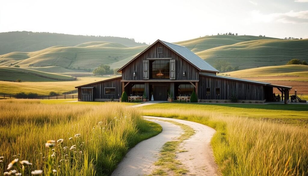 A picturesque Nebraska wedding venue nestled in a serene countryside setting. Rolling hills and lush greenery provide a natural backdrop, with a charming rustic barn at the center. Soft, diffused natural lighting filters through the barn's large windows, casting a warm glow on the weathered wooden beams and elegant décor. In the foreground, a winding path leads to the entrance, flanked by blooming wildflowers and tall prairie grass. The overall atmosphere evokes a sense of tranquility and timeless elegance, perfect for a memorable Nebraska wedding celebration.