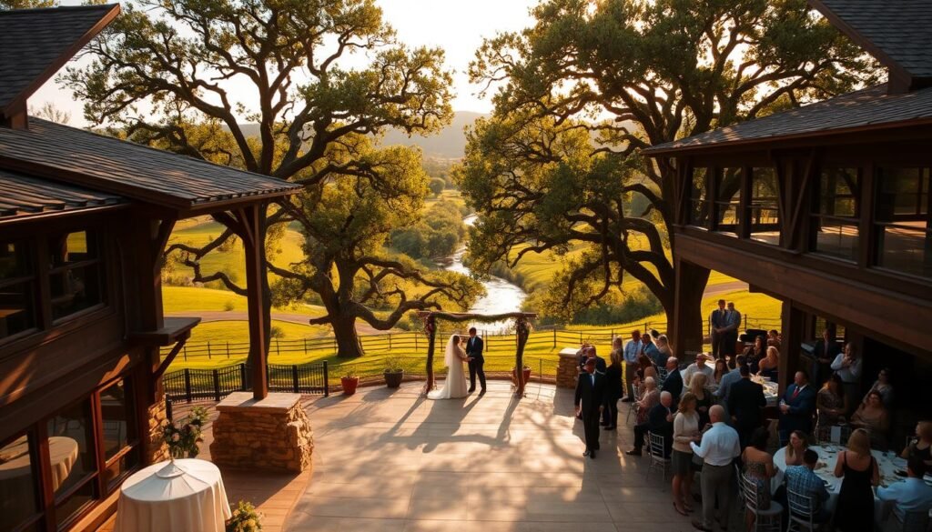 A picturesque Texas Hill Country wedding venue, nestled among rolling hills and lush greenery. Rustic wooden structures with large windows frame a scenic outdoor ceremony space, adorned with delicate floral arrangements. Warm, golden sunlight filters through the canopy of ancient oak trees, casting a romantic glow across the landscape. In the distance, a gently flowing creek meanders through the verdant countryside. Guests mingle on the sprawling patio, taking in the serene, pastoral ambiance. The venue exudes a perfect blend of rustic charm and natural elegance, making it an idyllic setting for a Texas Hill Country wedding.