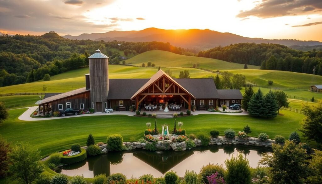 A picturesque West Virginia wedding venue nestled in the heart of lush, rolling hills. In the foreground, a grand, rustic barn with weathered wood siding and a towering silo stands proudly. Its interior is filled with elegant decor - twinkling chandeliers, exposed beams, and plush seating areas for guests. In the middle ground, a tranquil pond reflects the venue's charming architecture, surrounded by manicured gardens bursting with vibrant blooms. The background showcases the venue's stunning natural setting - verdant forests, gently sloping meadows, and a magnificent mountain range silhouetted against a warm, golden sunset sky. The entire scene exudes a sense of serene, timeless beauty, perfectly capturing the ambiance of a dream West Virginia wedding.