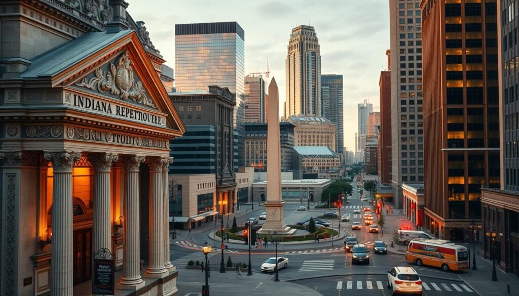 A picturesque cityscape of downtown Indianapolis, featuring a stunning array of historic wedding venues. The foreground showcases the grand, neo-classical architecture of the Indiana Repertory Theatre, its ornate columns and intricate facade reflecting the elegance of a bygone era. In the middle ground, the iconic Monument Circle is illuminated by warm, golden lighting, its iconic obelisk standing tall amidst a bustling urban landscape. In the background, the sleek, modern skyscrapers of the city's financial district provide a striking contrast, creating a dynamic, multifaceted scene. The overall atmosphere is one of sophistication, tradition, and urban sophistication - the perfect backdrop for a truly unforgettable wedding day.