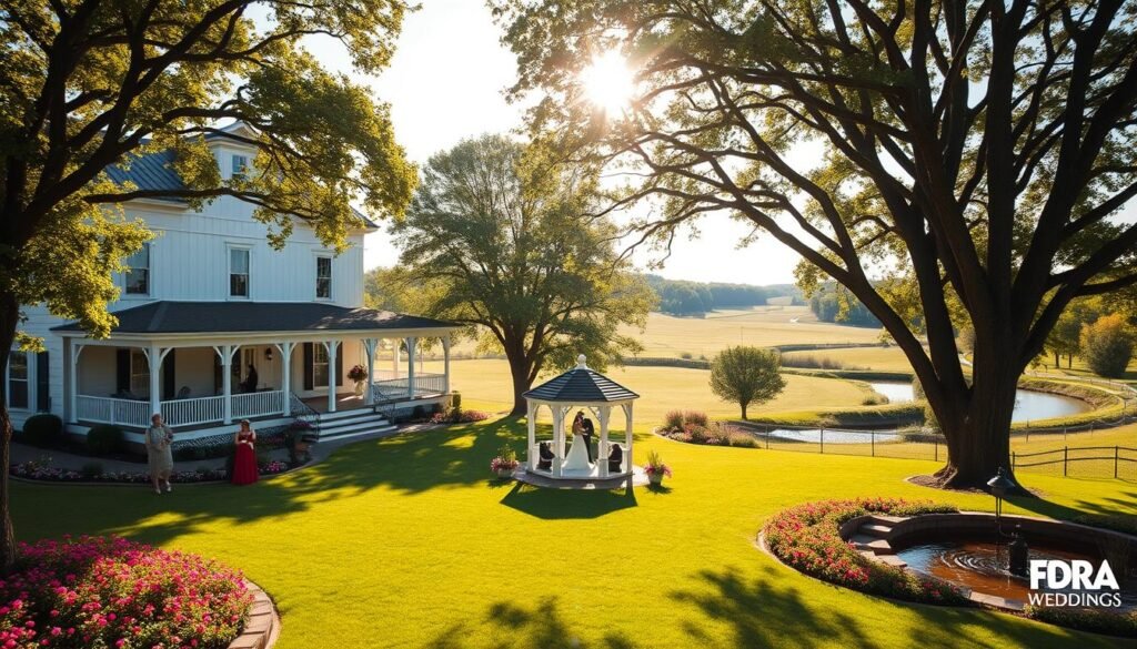 A picturesque farmhouse wedding venue nestled in the rolling hills of Delaware. The grand white structure stands tall, its wraparound porch and rustic wooden beams evoking a timeless elegance. The lush, manicured lawn is dotted with vibrant flowers, leading to a charming gazebo where the couple can exchange vows. Tall trees provide dappled shade, while the sun casts a warm, golden glow across the scene. Guests mingle on the patio, enjoying the serene countryside ambiance. In the distance, a winding creek reflects the tranquil, pastoral setting. This enchanting venue promises an unforgettable, quintessentially Delaware wedding experience.