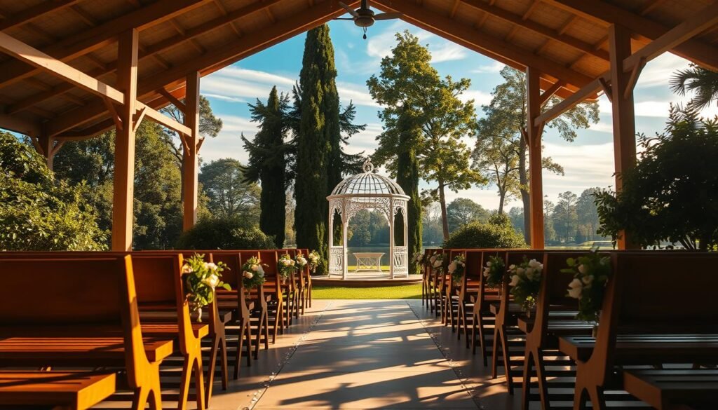 A picturesque indoor-outdoor wedding ceremony space, with a sunlit aisle leading to an elegant gazebo surrounded by lush greenery. The scene is bathed in warm, golden light, creating a serene and inviting atmosphere. In the foreground, rows of wooden benches line the aisle, adorned with delicate floral arrangements. The middle ground features the central gazebo, its intricate white structure beautifully framed by tall trees and a blue sky with wispy clouds. In the background, a tranquil pond reflects the natural beauty, complementing the serene setting. The entire composition evokes a sense of timeless elegance, perfectly suited for a memorable wedding celebration.