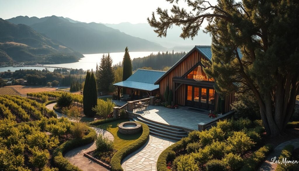 A picturesque mountain backdrop frames a tranquil lakeside setting, the waters glistening under soft, golden light. In the foreground, a charming rustic barn, its weathered wooden facade complemented by sprawling vineyards and orchards. Lush, verdant gardens surround the venue, creating a serene and enchanting atmosphere. Intimate pathways wind through the property, leading to a striking stone terrace overlooking the shimmering lake. Elegant chandeliers illuminate the barn's interior, while large windows flood the space with natural light. Tall, graceful trees sway gently in the breeze, completing the idyllic, secluded ambiance perfect for a destination wedding celebration.