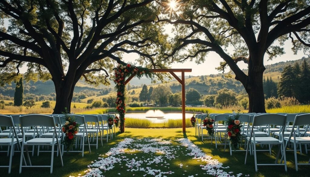 A picturesque outdoor wedding ceremony set in a lush, verdant landscape. In the foreground, a wooden arch draped with cascading vines and vibrant wildflowers serves as the focal point, casting a warm, romantic glow under the soft, diffused sunlight filtering through the canopy of towering oak trees. Rows of elegant white chairs flank an aisle lined with delicate flower petals, leading the eye towards a serene pond in the middle distance, its still waters reflecting the natural splendor of the scene. In the background, rolling hills dotted with flourishing greenery frame the idyllic setting, creating a serene, pastoral atmosphere perfect for a memorable outdoor celebration.