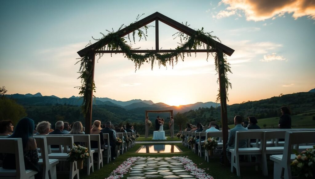 A picturesque outdoor wedding venue nestled amidst rolling hills and lush greenery, with a stunning backdrop of rugged mountains silhouetted against a golden sunset sky. In the foreground, a rustic wooden arch adorned with cascading vines and delicate flowers frames the serene ceremony. Guests sit on classic white benches, surrounded by meticulously manicured gardens and a serene pond reflecting the natural beauty. Warm, soft lighting casts a magical glow, creating an intimate, romantic atmosphere perfect for an unforgettable celebration.
