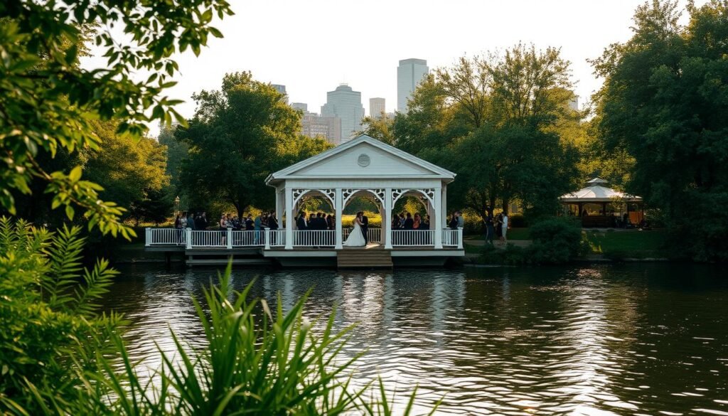 A picturesque riverside wedding venue, the Nicollet Island Pavilion stands amidst lush greenery and shimmering waters. The elegant white pavilion, captured in a warm afternoon light, is reflected in the tranquil river below. Guests gather on the wooden deck, taking in the serene ambiance as a gentle breeze rustles the surrounding trees. In the background, the Minneapolis skyline rises, providing a stunning urban backdrop to this intimate, romantic setting. The scene is framed by a wide-angle lens, highlighting the pavilion's graceful architecture and the enchanting natural surroundings that make this an idyllic location for a riverside wedding celebration.