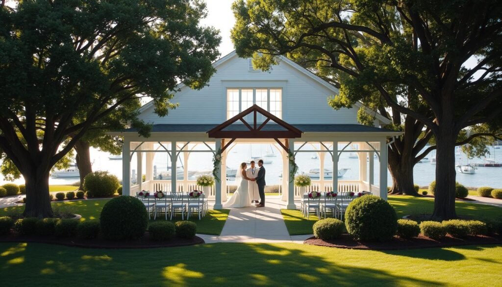 A picturesque waterfront wedding venue in Rhode Island, nestled amidst rolling green lawns and towering oak trees. The elegant, whitewashed pavilion is framed by a scenic harbor, with sailboats gently bobbing in the calm waters. Soft natural light filters through the large windows, casting a warm glow over the spacious interior. Well-manicured gardens surround the venue, creating a serene and tranquil ambiance. Couples exchange vows under a beautiful wooden gazebo, overlooking the sparkling ocean horizon. The lush, landscaped grounds provide ample space for cocktails, dining, and dancing, offering a stunning backdrop for cherished memories.