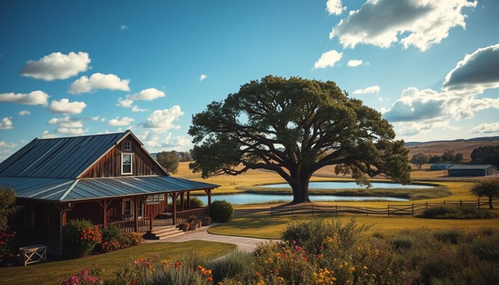 A picturesque wedding venue nestled among the rolling hills of Texas. In the foreground, a rustic barn with weathered wood and a charming wrap-around porch, surrounded by lush greenery and vibrant wildflowers. The middle ground reveals a tranquil pond, its surface reflecting the azure sky dotted with fluffy white clouds. In the background, a majestic oak tree spreads its branches, casting a warm, golden glow over the entire scene. The venue is illuminated by soft, natural lighting, creating a serene and enchanting ambiance, perfect for a Texas wedding celebration.