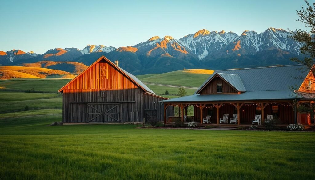 A rustic barn nestled amidst rolling hills, its weathered wooden facade bathed in warm, golden sunlight. The lush, verdant meadow in the foreground leads to a charming ranch house, its porch adorned with string lights and rocking chairs. Towering mountains rise in the distant background, their peaks capped with snow. The scene radiates a sense of timeless tranquility, perfect for a unique and unforgettable barn and ranch wedding experience.