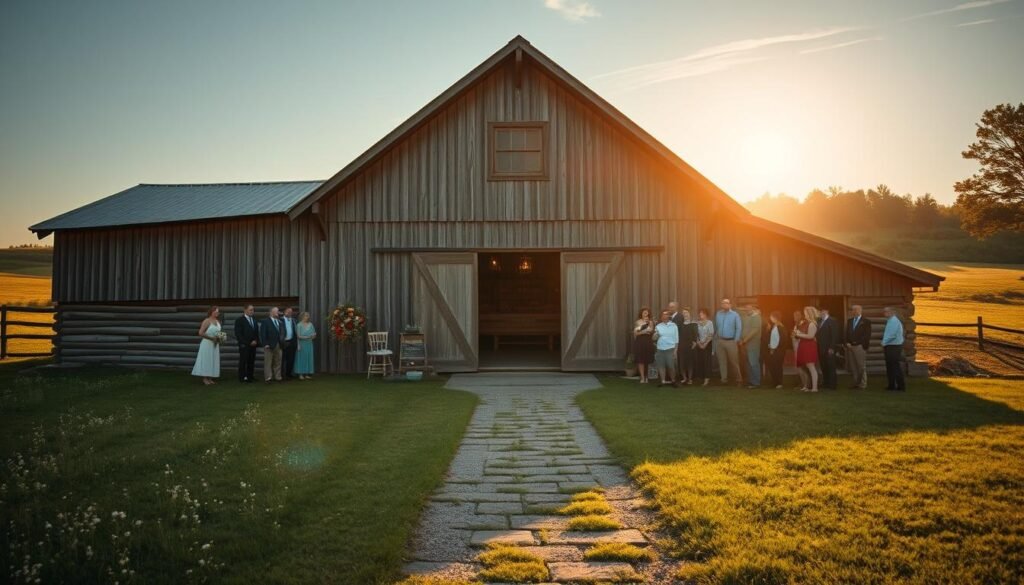 A rustic, weathered barn nestled in a sprawling meadow, the late afternoon sun casting warm, golden light across the scene. Wooden beams and rough-hewn siding exude an aura of timeless charm, complemented by a neatly manicured lawn and a scattering of wildflowers. Guests gather around the barn's entrance, their laughter and joy echoing through the tranquil countryside. A picturesque path leads to the barn's open doors, inviting visitors to explore the cozy, intimate space within, where wooden benches and lanterns create a welcoming, rustic ambiance perfect for a memorable wedding celebration.