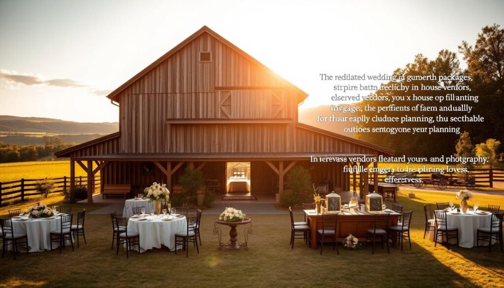 A rustic wooden barn set against a picturesque countryside backdrop, bathed in warm, golden sunlight. In the foreground, an elegant display of wedding packages - carefully curated floral arrangements, tasteful table settings, and artfully arranged details that evoke the charm of a barn wedding. The middle ground showcases a cozy in-house catering setup, with chefs preparing delectable dishes. In the distance, preferred vendors offer a range of services, from photography to event planning, all seamlessly integrated to make the planning process effortless. The overall atmosphere exudes a sense of effortless sophistication and attention to detail, perfect for capturing the essence of a dream barn wedding.
