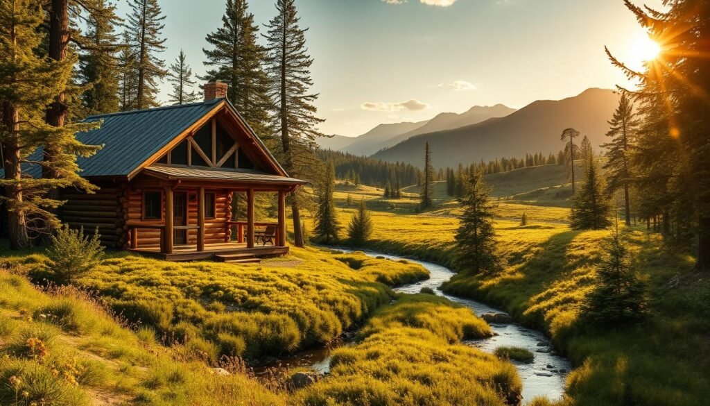A rustic wooden cabin nestled in a lush forest, surrounded by rolling hills and a winding stream. The cabin's porch overlooks a tranquil meadow, with wildflowers dotting the landscape. Warm sunlight filters through the trees, casting a golden glow over the scene. In the distance, the silhouettes of towering mountains can be seen, hinting at the wilderness beyond. The atmosphere is one of peace and seclusion, a sanctuary away from the hustle and bustle of the city, yet mere minutes from its vibrant energy.