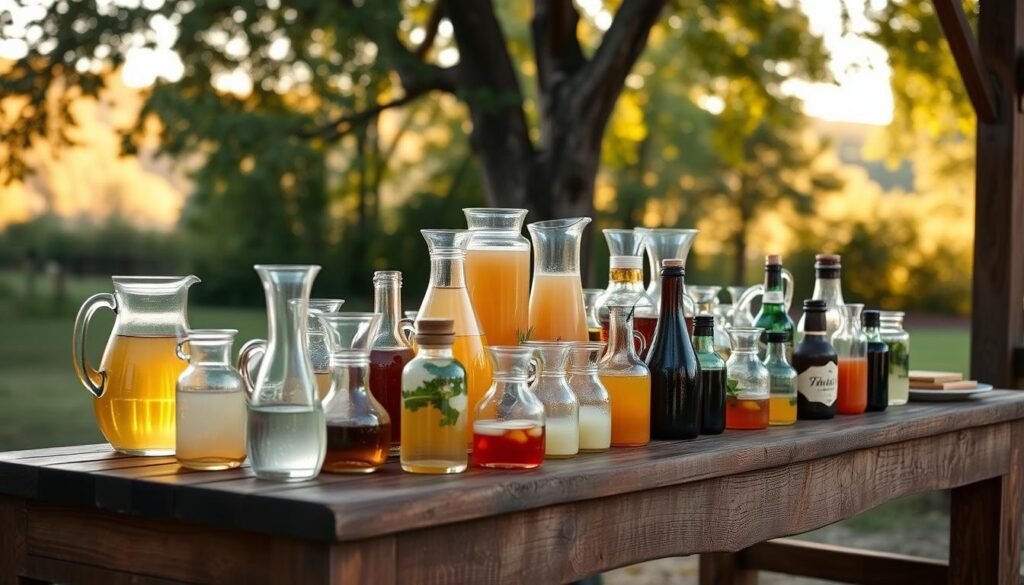 A rustic wooden table set with a variety of glass carafes, bottles, and pitchers filled with a selection of beverages. The table is positioned in a natural, outdoor setting with a backdrop of lush greenery and warm, diffused sunlight filtering through the trees. The scene conveys a sense of casual elegance, inviting guests to serve themselves and mingle freely. The focus is on the diverse range of drink options, hinting at the flexibility and customization available for catering at a rustic wedding venue.