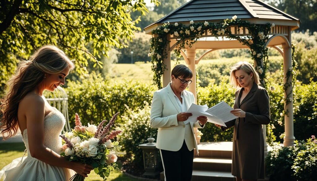 A scenic wedding planning scene set in a sun-dappled garden, capturing the essence of seasonal considerations. In the foreground, a bride examines floral arrangements, considering their perfect match with the verdant backdrops. In the middle ground, a wedding planner reviews a timeline, outlining seasonal logistics. In the background, a gazebo stands ready, adorned with trailing vines and blooming flowers that hint at the changing seasons. The lighting is soft and warm, creating an inviting ambiance. Captured with a wide-angle lens to encompass the holistic planning process, this image conveys the careful thought and preparation that go into crafting a memorable, seasonally-appropriate wedding.