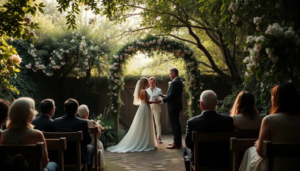 A secluded garden, adorned with lush greenery and delicate blooms, provides the serene backdrop for an intimate wedding ceremony. Soft, diffused lighting filters through the canopy, casting a warm, romantic glow on the couple as they exchange vows beneath a graceful archway entwined with fragrant flowers. The bride's flowing dress cascades elegantly, complementing the intimate setting, while the groom's tailored suit accentuates the formality of the occasion. Guests, seated on rustic wooden benches, observe the heartfelt moment with reverence and joy, their expressions a testament to the love and connection being celebrated.