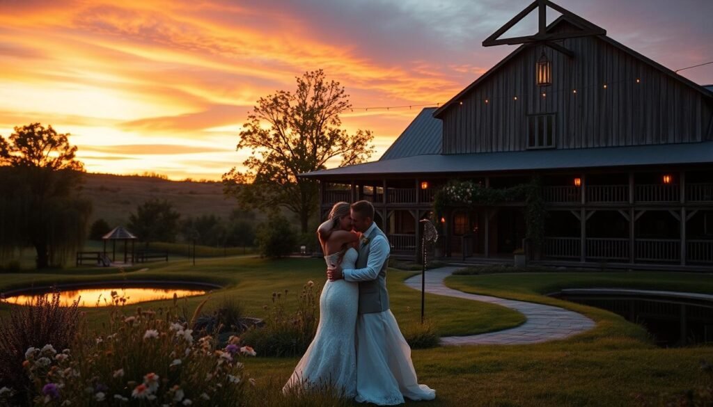 A secluded outdoor wedding venue in the heart of Illinois, surrounded by rolling hills and lush greenery. A rustic barn with weathered wooden beams and a large wrap-around porch, bathed in the golden glow of string lights and lanterns. In the foreground, a couple embraces against a backdrop of wildflowers and a quaint gazebo. Soft, romantic lighting casts gentle shadows, creating an intimate, enchanting atmosphere. The middle ground features a winding path leading to a tranquil pond, with willow trees dipping their branches into the still water. In the distance, a stunning sunset paints the sky in vibrant hues of orange and pink. This hidden gem offers a unique, picturesque setting for a memorable, one-of-a-kind wedding celebration.