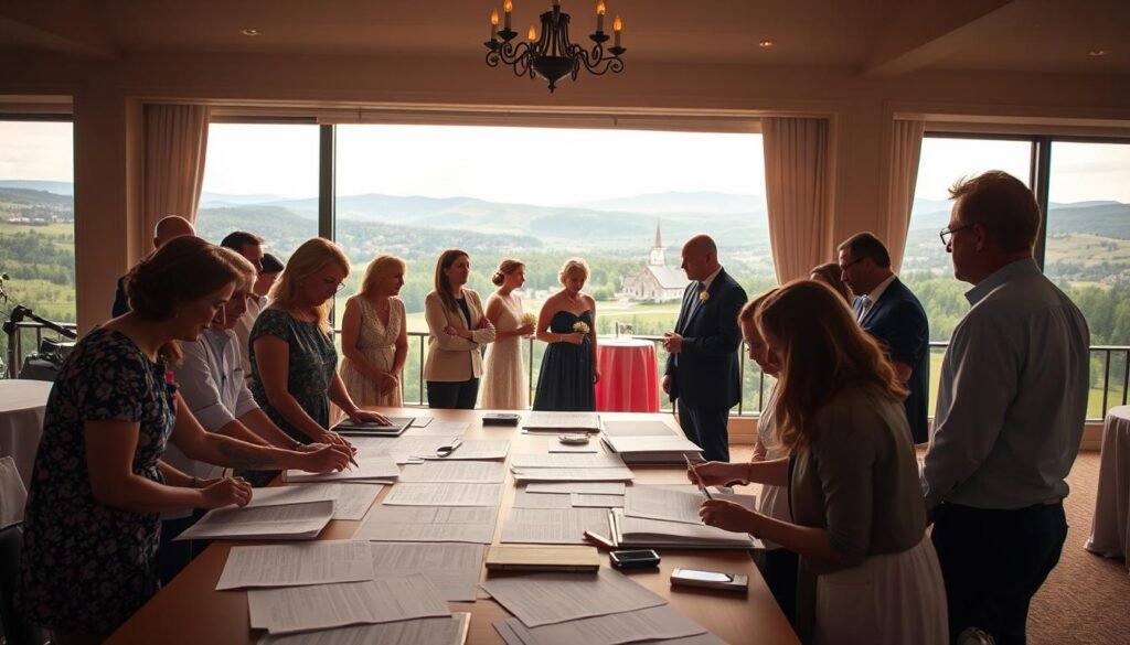 A serene and organized event planning scene unfolds. In the foreground, a team of wedding coordinators huddle around a large table, meticulously reviewing schedules, vendor contracts, and floor plans. Warm, diffused lighting casts a soft glow, highlighting the concentration on their faces as they collaborate to ensure a flawless wedding day. In the middle ground, various vendors - a florist, a caterer, and a DJ - confer with the coordinators, discussing logistics and harmonizing their individual contributions. The background reveals a panoramic view of a picturesque Vermont landscape, with rolling hills and a quaint country church in the distance, setting the idyllic tone for the festivities to come.