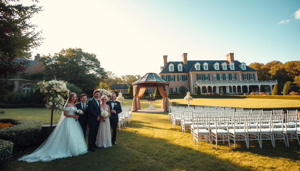 A serene and picturesque all-in-one wedding weekend experience. In the foreground, an elegant wedding party posing gracefully against a backdrop of lush greenery and cascading floral arrangements. The middle ground features a beautifully decorated outdoor ceremony space, with a charming gazebo and rows of pristine white chairs. In the distance, a grand and historic manor house, its stately architecture bathed in warm, golden sunlight. The overall scene conveys a sense of timeless romance, where every detail has been meticulously curated to create an unforgettable celebration. Captured with a wide-angle lens to showcase the breathtaking scope of this idyllic wedding destination.