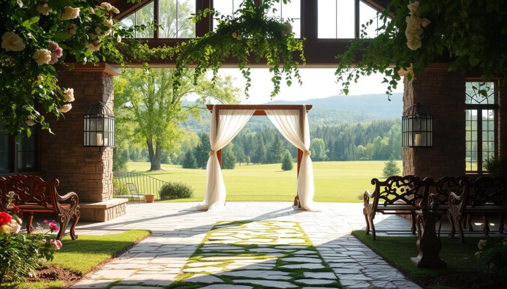 A serene and picturesque indoor-outdoor wedding space, with a grand stone fireplace framing the scene. Verdant foliage and blooming flowers adorn the lush, natural surroundings, creating a harmonious blend of rustic elegance. Soft, natural lighting filters through large windows, casting a warm, inviting glow. In the foreground, a stone path leads to a charming gazebo, draped in delicate white fabric, ready to host the joyous ceremony. The middle ground features a sprawling, manicured lawn, dotted with ornate wooden benches, awaiting the arrival of the happy couple and their guests. In the distance, a picturesque Vermont landscape, with rolling hills and lush forests, provides a stunning backdrop to this idyllic wedding setting.