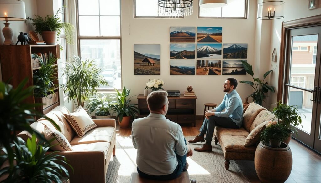 A serene, cozy wedding planning office in the heart of downtown Cheyenne, Wyoming. Soft natural light filters through large windows, illuminating a welcoming space filled with rustic wooden furniture, lush greenery, and elegant floral arrangements. In the foreground, a young couple sits across from a friendly, experienced wedding planner, discussing details of their dream mountain wedding. In the background, a wall-mounted display showcases stunning photos of iconic Wyoming venues, from rolling meadows to majestic peaks. An atmosphere of warmth, professionalism, and the promise of a magical celebration permeates the room.