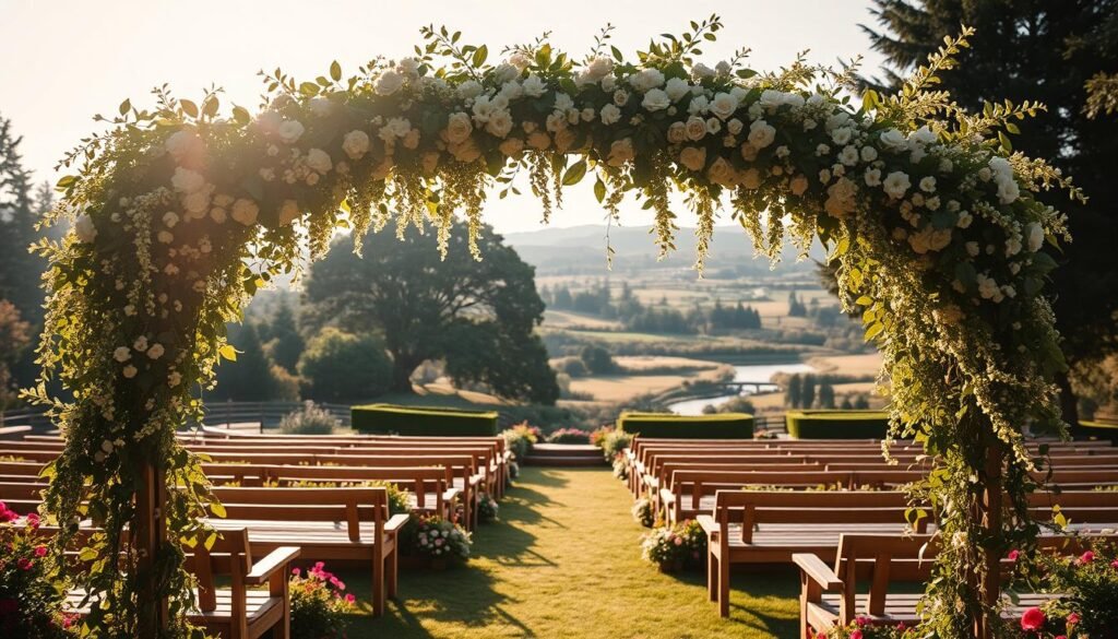 A serene garden wedding scene under the soft glow of natural light. In the foreground, a lush floral archway adorned with cascading vines and delicate blooms frames the ceremony area. The middle ground features rows of wooden benches surrounded by manicured hedges and vibrant flower beds. In the background, a picturesque landscape unfolds with rolling hills, towering trees, and a tranquil stream. The overall atmosphere is one of whimsical romance, inviting and enchanting, perfectly capturing the essence of a charming garden wedding setting.