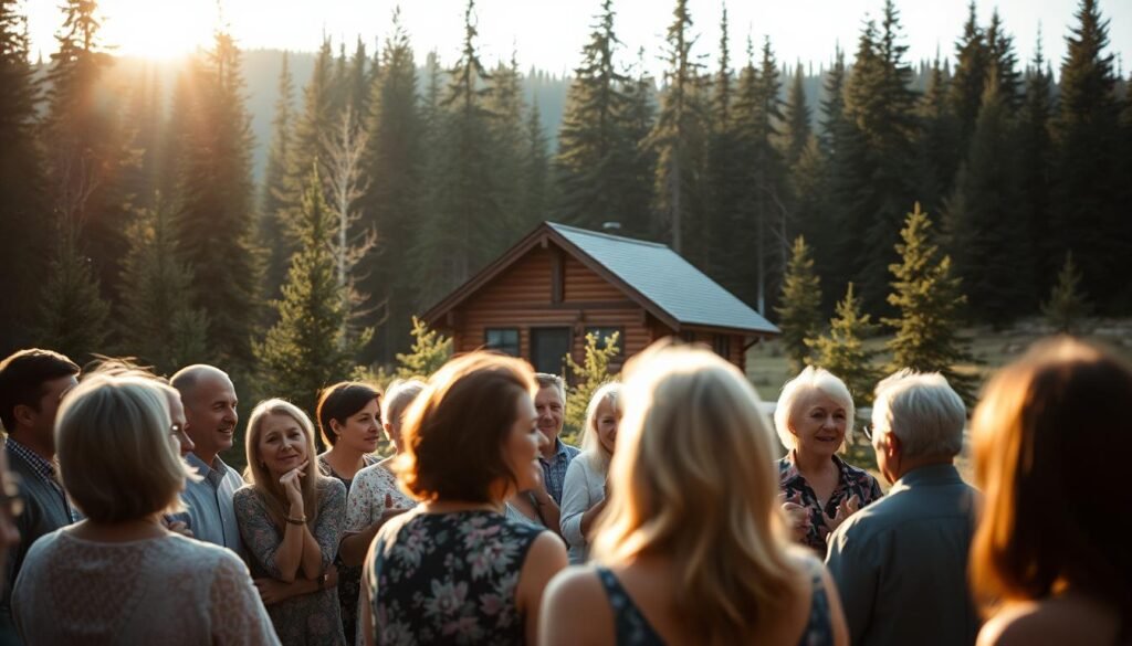 A serene, natural landscape with a rustic cabin nestled among towering evergreens. In the foreground, a cozy gathering of guests sharing their heartfelt testimonials, their faces aglow with joy and contentment. Candid moments captured through a warm, soft-focus lens, showcasing the beauty of genuine human connection. Gentle sunlight filters through the trees, casting a golden hue over the scene, evoking a sense of tranquility and authenticity. The overall atmosphere is one of intimate, heartfelt celebration, reflecting the essence of personal experiences at a picturesque Alaskan wedding venue.