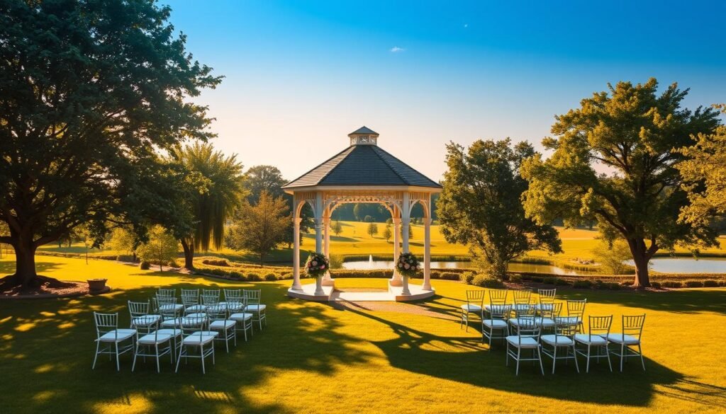 A serene, open-air wedding venue nestled amidst lush, rolling hills in the heart of Ohio. The elegant, whitewashed gazebo stands tall, its intricate wooden beams casting gentle shadows across the meticulously manicured lawn. Scattered around the property, beautifully decorated, customizable event spaces invite couples to craft their dream wedding, from intimate garden ceremonies to grand, tented receptions. Warm, golden sunlight filters through the verdant canopy of trees, lending a soft, romantic glow to the scene. In the distance, a picturesque pond reflects the tranquil surroundings, completing the picture-perfect, customizable wedding destination.