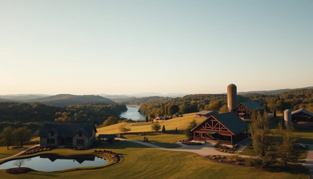 A serene, picturesque landscape of rolling hills, lush forests, and charming rustic venues set against the backdrop of a cloudless sky. In the foreground, a quaint country manor with a stone facade and wrap-around porch, surrounded by meticulously manicured gardens and a tranquil pond. The middle ground features a sprawling, historic barn with weathered wooden beams and a towering silo, offering a timeless and enchanting setting for an elegant, extended wedding celebration. In the distance, a gently flowing river winds through the verdant terrain, adding to the serene and secluded ambiance. Warm, natural lighting filters through the scene, creating a soft, romantic atmosphere. Composed with a wide-angle lens to capture the expansive, idyllic beauty of upstate New York's premier wedding destinations.