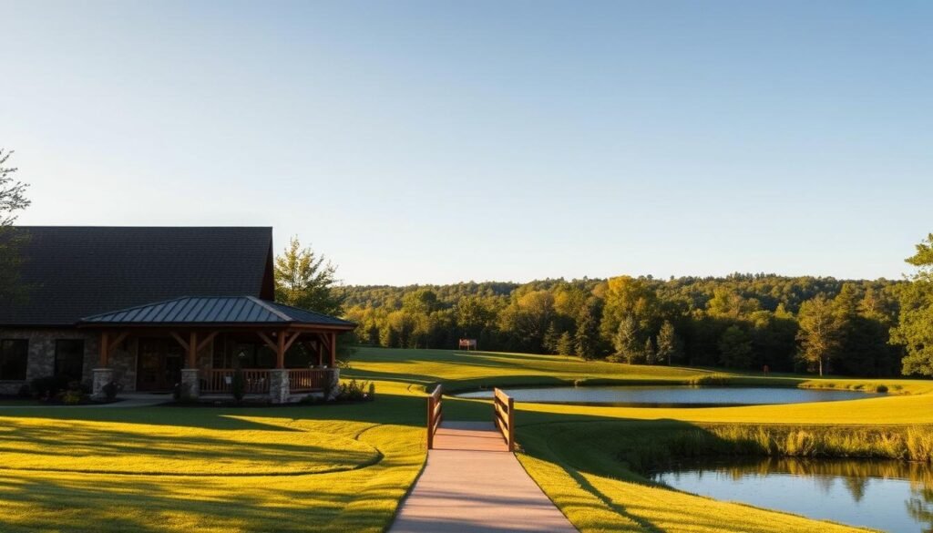 A serene, picturesque wedding venue nestled in the rolling hills of rural Ohio, surrounded by lush greenery and a tranquil pond. In the foreground, a stone-and-timber pavilion with a charming rustic aesthetic, bathed in warm, golden natural lighting. In the middle ground, a meticulously manicured lawn leading to a quaint wooden bridge over the glistening water. In the background, a dense forest of tall trees and a cloudless, azure sky, creating a sense of seclusion and enchantment. The overall atmosphere radiates a serene, intimate ambiance, perfect for a hidden gem wedding celebration.
