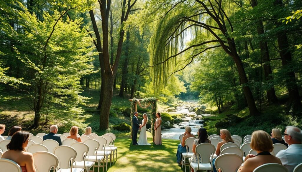 A serene, sun-dappled clearing in a lush, verdant forest, the scene set for an enchanting outdoor wedding ceremony. In the foreground, a rustic wooden arch draped with cascading vines and delicate wildflowers, framing the couple as they exchange vows. The middle ground features rows of elegant white chairs arranged in a semicircle, guests seated and basking in the warm, soft light filtering through the canopy of trees above. In the background, a picturesque stream gently flows, its gentle murmur adding to the tranquil atmosphere. The overall mood is one of natural beauty, tranquility, and a sense of timeless, romantic charm.