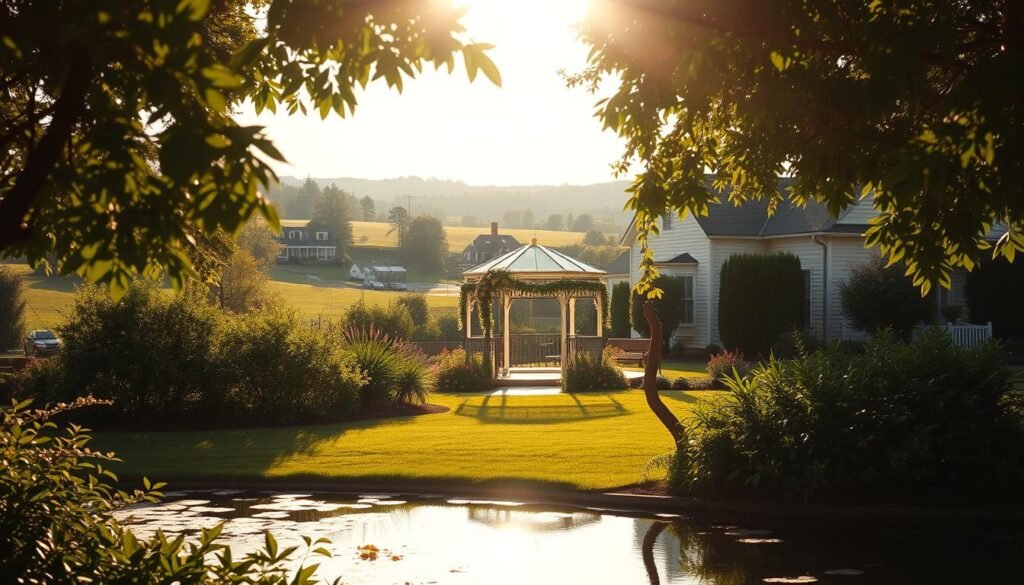 A serene, sun-dappled garden with lush foliage and a tranquil pond as the foreground. In the middle ground, a charming gazebo adorned with delicate floral garlands, casting warm, golden light. The background features rolling hills dotted with quaint, historic buildings, creating a picturesque, quintessential Southern setting. The overall atmosphere is one of elegance, romance, and natural beauty, inviting the viewer to imagine the perfect backdrop for a magical wedding celebration.