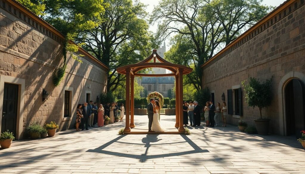 A serene, sun-drenched open-air courtyard, surrounded by weathered stone walls and lush, verdant foliage. At the center, a stunning, rustic gazebo adorned with delicate floral arrangements, casting intricate shadows on the flagstone floor. Guests gathered in intimate clusters, basking in the warm, soft light filtering through the overhead canopy of trees. In the distance, the silhouette of a centuries-old castle or manor house, its stately presence adding an air of enchantment to the scene. The overall atmosphere is one of tranquility, romance, and a sense of timelessness - the perfect setting for a truly unique and unforgettable wedding celebration.